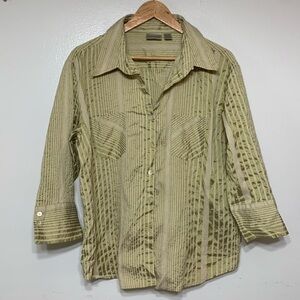 Chicos Olive Green/White Striped Silk Cotton Blend Button Down Shirt Size 3(L)